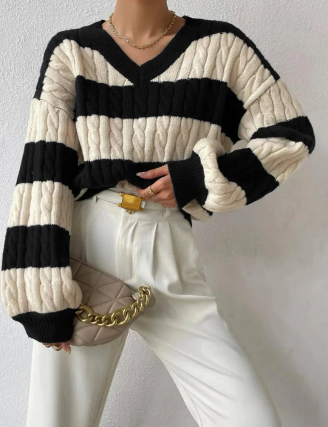 Striped Elegance V-Neck Sweater